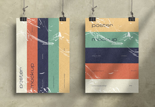Double Vertical Hanging Poster Mockup with Plastic Wrap Effect &ndash; Professional Template for Creative Advertising
