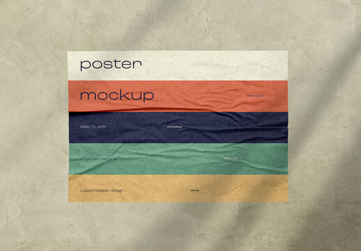 Horizontal Wrinkled Paper Poster Mockup &ndash; Realistic Flat Surface Display for Minimal Branding Projects