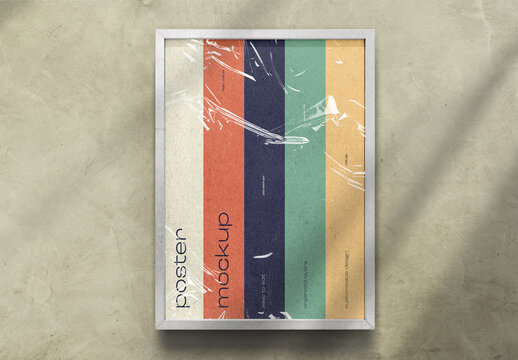 Frame Poster Mockup on Concrete Wall with Shadow and plastic