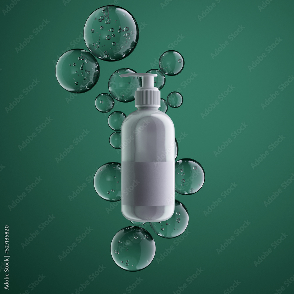 Poster white bottle with lotion on the green background with soap bubbles. 3d rendering