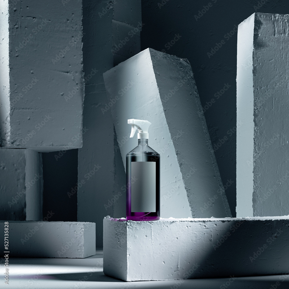 Poster modern spray bottle on the concreate blocks, industrial background. cosmetics and spa concept. 3d re