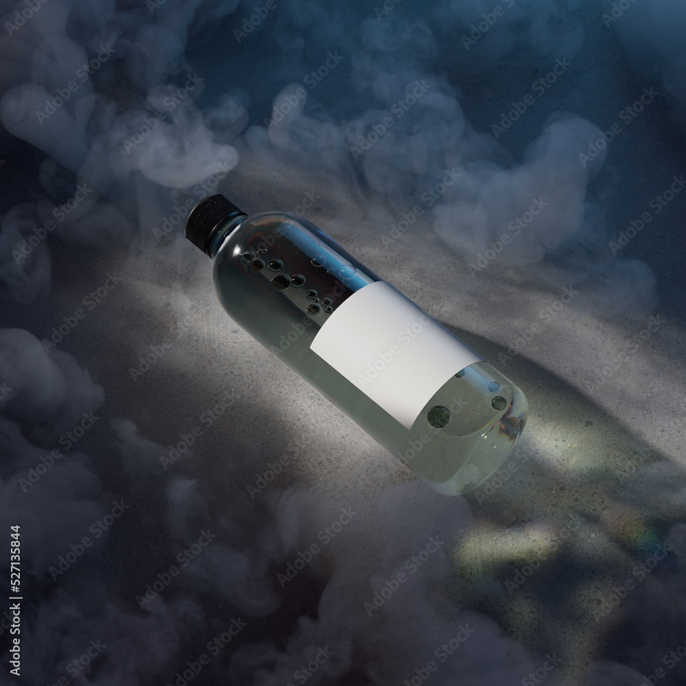 Aufkleber transparent bottle with liquid on the concrete floor with clouds of smoke. 3d rendering