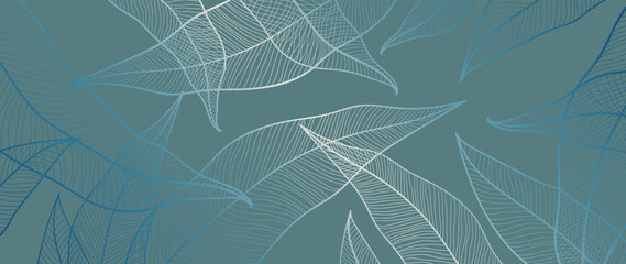 Art deco luxury wallpaper with blue gradient, metallic sheen. Nature background vector. Floral pattern with tropical plants on trendy colored background. Previous illustration.