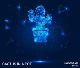 A hologram of a cactus in a pot. A cactus of polygons, triangles of points and lines. Cactus icon is a low-poly compound structure. Technology concept vector.