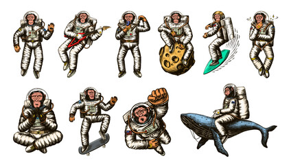 Naklejka premium Monkey astronaut with whale, guitar, skateboard and moon. Chimpanzee spaceman cosmonaut characters set. Astronomical galaxy space. Funny cosmonaut explore adventure.Hand drawn old sketch line