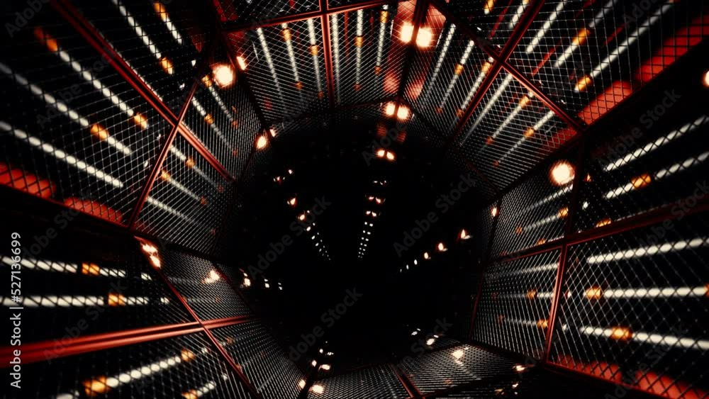 Aufkleber fly through mirror tunnel with technological pattern. design. 3d corridor with glowing lights.