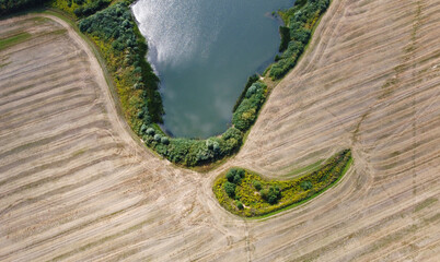 Aerial view of the lake in agro fields. Rustic landscape