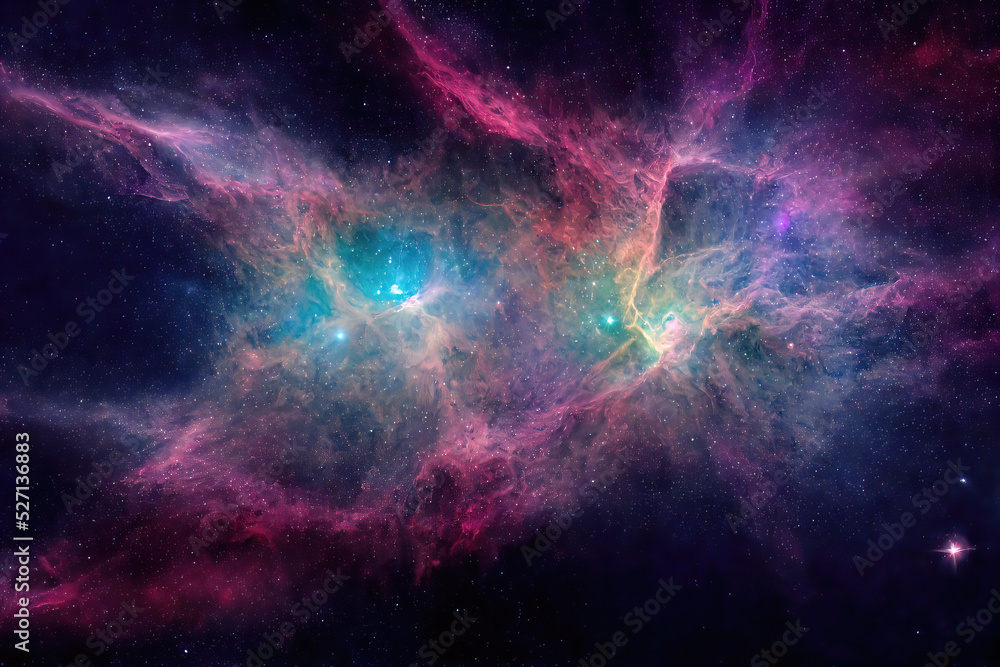Sticker space cosmic background of supernova nebula and stars, glowing mysterious universe