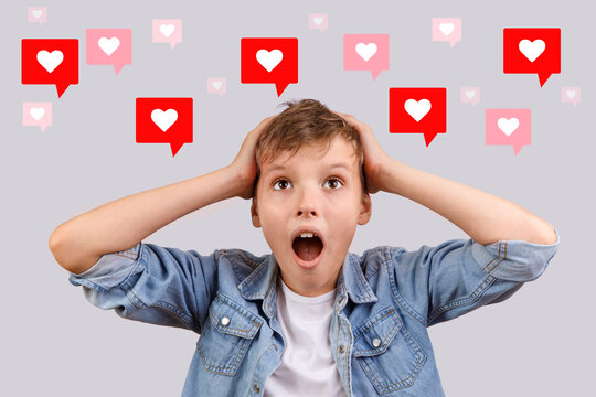 Wondered and shoked boy getting a lot of social media likes. Reactions in internet. 