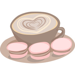 A cup of coffee with milk and macarons. Illustration of cappuccino with heart on topping. Drink and dessert concept.