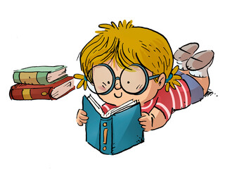 illustration girl reading a book lying down