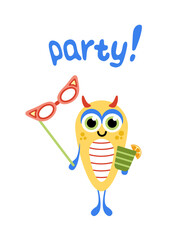Monster party. Kind yellow monster with antler, carnival mask, cocktail. Flat, cartoon, vector