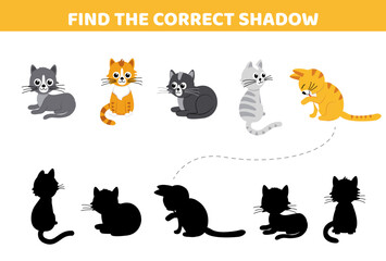 Cats. Find the correct shadow. Shadow matching game. Cartoon, vector