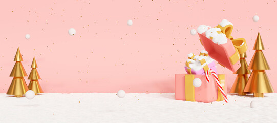 Happy new year background. Gift boxes, Christmas cane, flying coins, gold Christmas tree in the snow. 3d rendering illustration