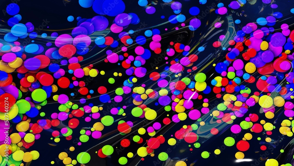 Poster abstract background of shiny glossy surface like wavy transparent liquid with rainbow color circles 