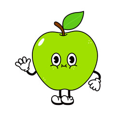 Cute funny green apple waving hand character. Vector hand drawn traditional cartoon vintage, retro, kawaii character illustration icon. Isolated on white background. Green apple character concept