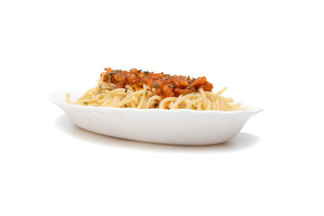 Delicious spaghetti served on a white plate, isolated on white background. Bolognese is a sauce very commonly used to accompany pasta. It is a thick, brownish-red sauce.