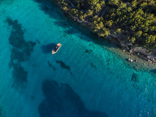 Aerial view of anchored boat