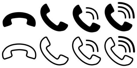 Communication concept. Vector flat outline icon set illustration. Black isolated on white background. Phone call handset sign. Design element collection for customer sevice and web, logo, ui.