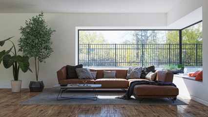 Illustration 3D rendering large luxury modern bright interiors Living room mockup computer digitally generated image