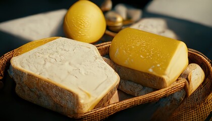 3D illustration of a Butter on the basket with yellow and creamy color on the wooden table