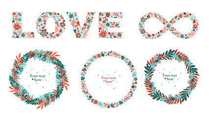 Floral love set with wreaths and lettering for hippie wedding. Word Love of flowers. Isolated