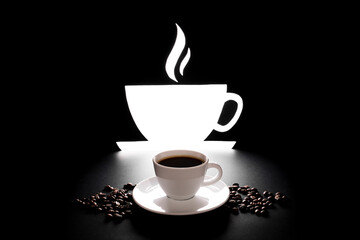 white coffee cup beans and  stencil on dark with white light