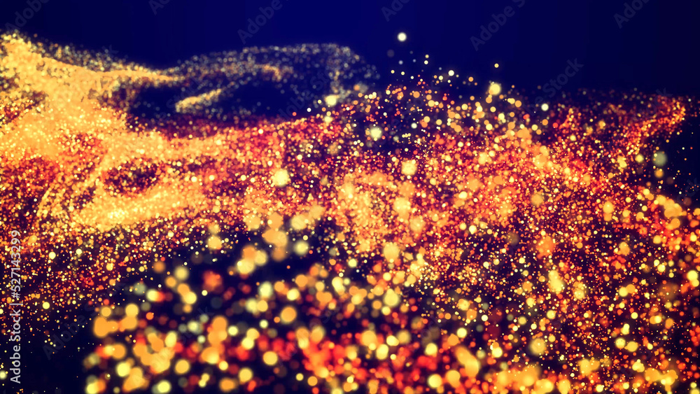 Aufkleber abstract bg, golden magic glitters fly in air form beautiful swirls. fiery sparkles float in viscous