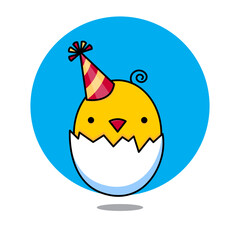 A cartoon image of a yellow chick peeking out of an egg half. Bi