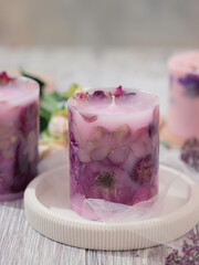 Handmade soy candles of unique design. Relaxation atmosphere. Lifestyle blog concept. Style modern minimal.