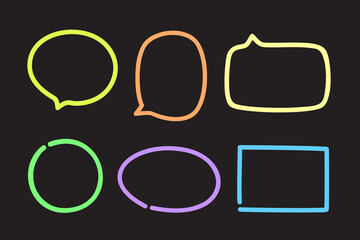Hand drawn fluorescent speech bubble. Abstract neon elements on isolated black background. Glowing geometric shapes. Freehand outlined speech bubbles
