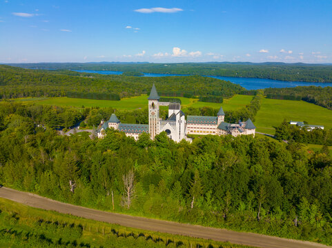 Abbaye de Saint Benoit du Lac aerial view on the Lake Memphremagog in Memphremagog County, Quebec QC, Canada. 