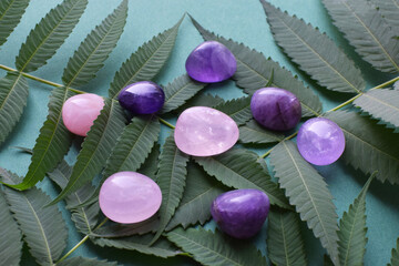 Beautiful round amethyst stones and rose quartz with a green branch on a green background. Healing...