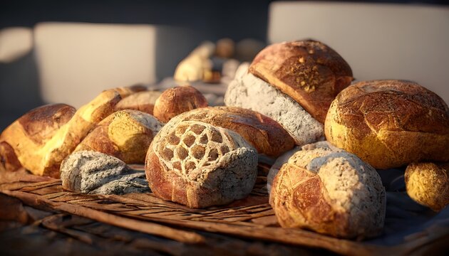 3D illustration of a Delicious brown bread on the basket with fluffy texture ready for dinner