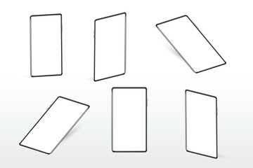 Realistic phone with empty screen mockup. Smartphone blank display isolated phone different angles views.