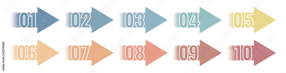 Poster number info-graphic bullet points 1 to 10 vector, arrow shape numbers, arrow infographic numbers
