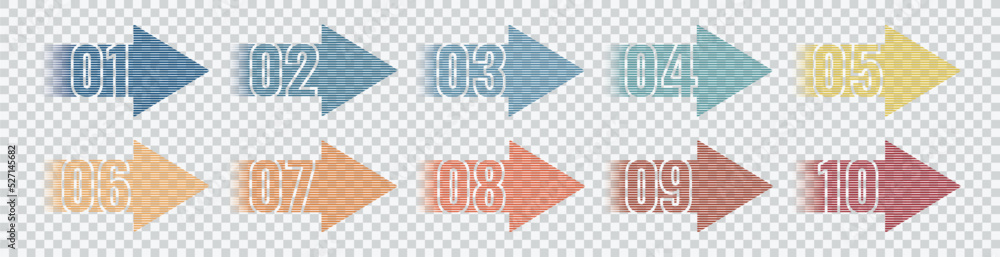 Poster number info-graphic bullet points 1 to 10 on transparent background.vector, arrow shape numbers.