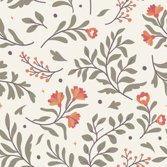 Hand drawn floral pattern. Seamless leaves vector background. Elegant colorful template for fashion print, fabric or wallpaper.
