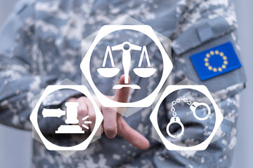 Concept of military law, soldiers rights and punishment. Soldier of european union using virtual...