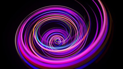 Motion graphics, sci-fi bg. Stream of multicolor neon lines form spiral shape, curls and pattern. Abstract background with light trails, Modern trendy motion design bg. Light flow bg. 3d render