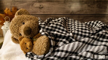 A teddy bear lies in a bed with a small toy covered with a checkered blanket, on a wooden background.  Bedtime stories for children.  Close-up, background image, foreground.