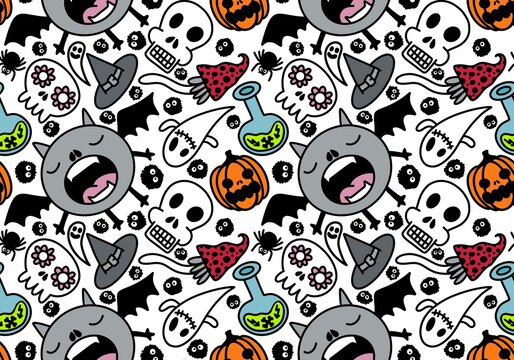Cartoon Halloween seamless monster bats and sculls and pumpkins and ghost pattern for wrapping pattern