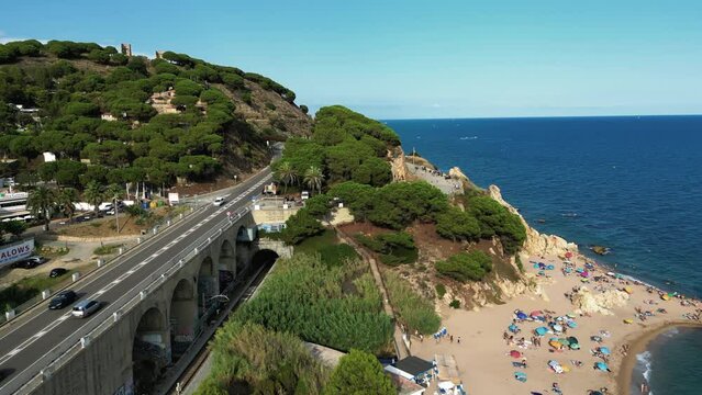 Aerial view of Cala Roca Grossa beach, in Calella province, Catalonia, Spain.