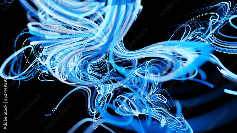 Poster visualization of neural network operation blue bg. abstract lines of light streaks in air. stream of