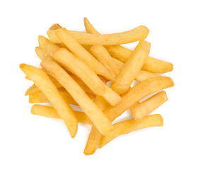 Delicious fresh french fries on white background, top view