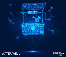 A hologram of a water well. A water well of polygons, triangles of points and lines. The water well icon is a low-poly connection structure. Technology concept vector.