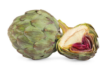 Obraz premium Cut and whole fresh artichokes on white background