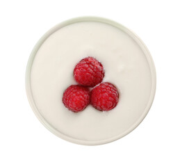 Delicious yogurt with raspberries in bowl isolated on white, top view