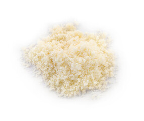 Pile of grated parmesan cheese isolated on white, top view