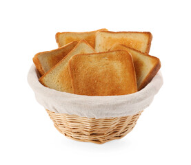 Wicker basket with slices of delicious toasted bread on white background